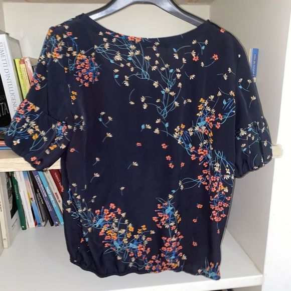 Zara Navy Floral Puff Sleeve Elastic Waist Blouse Top Size Medium - Picture 5 of 10